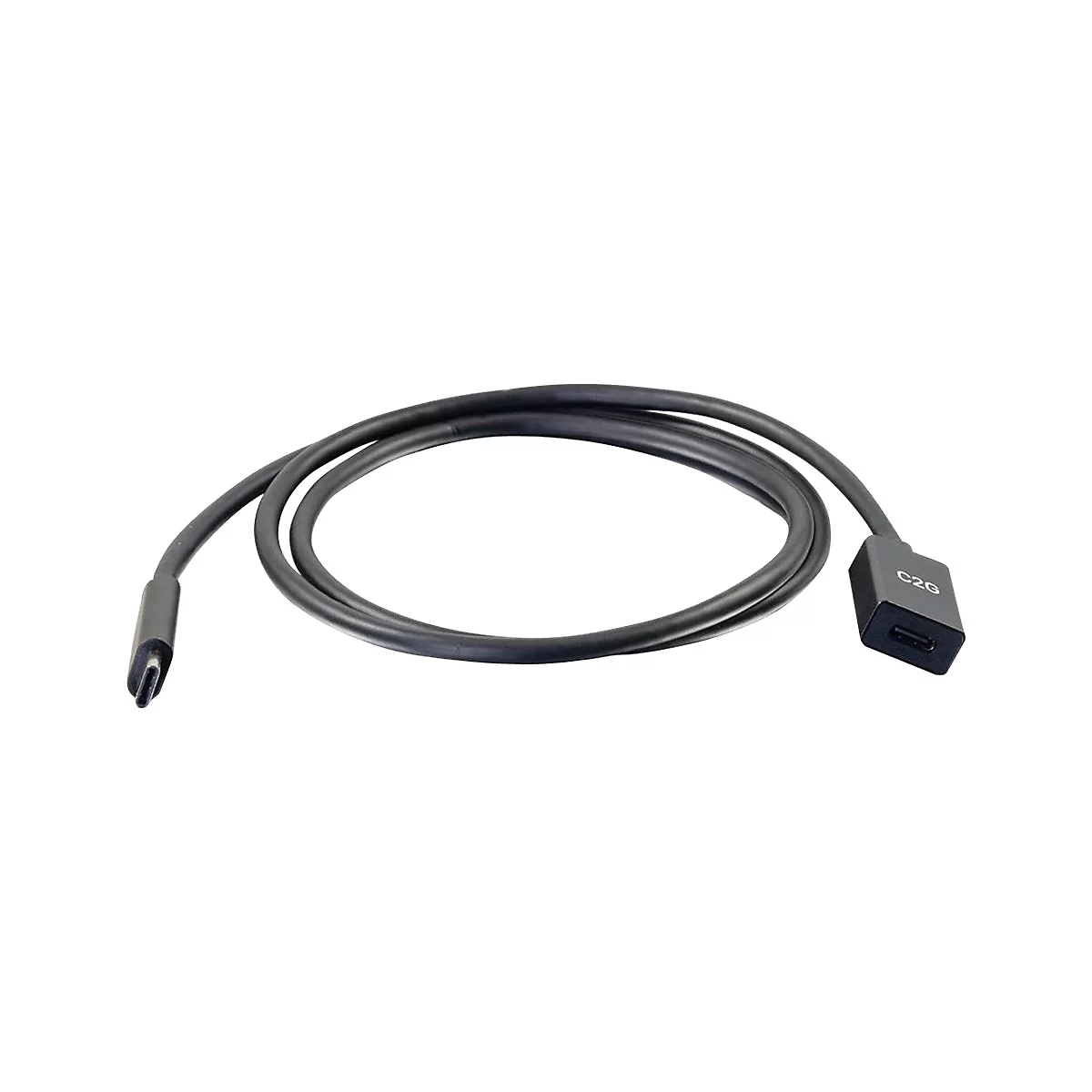 Ein schwarzes USB-C-Kabel auf weißem Hintergrund. Der Stecker ist mit C2G beschriftet.