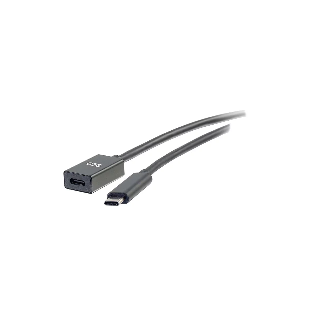 Ein schwarzes USB-C-Kabel auf weißem Hintergrund. Der Stecker ist rechteckig mit der Aufschrift C2G. Das Kabel ist gekrümmt.