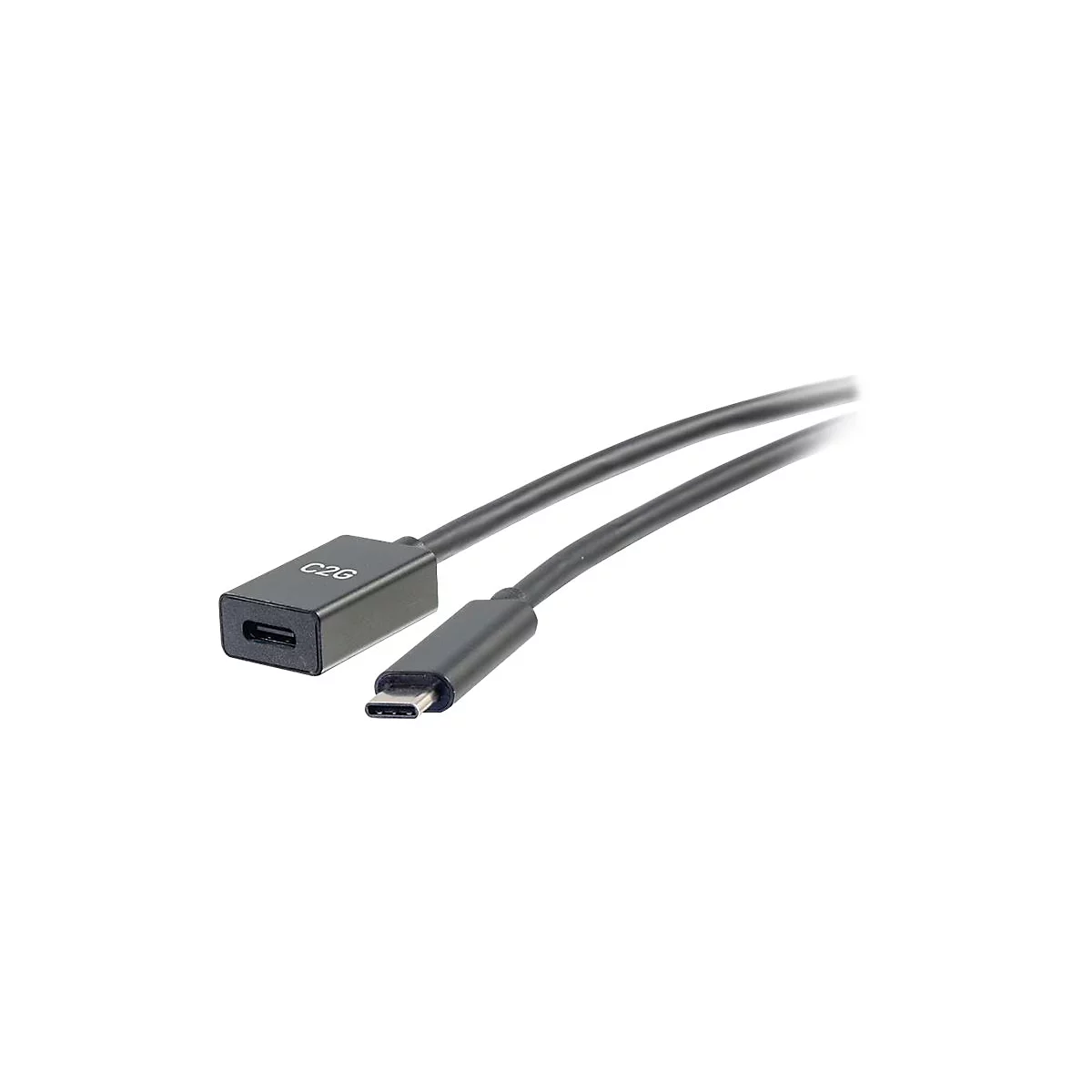Schwarzes USB-C-Kabel mit Anschluss an beiden Enden. Auf einem Stecker steht C2G.