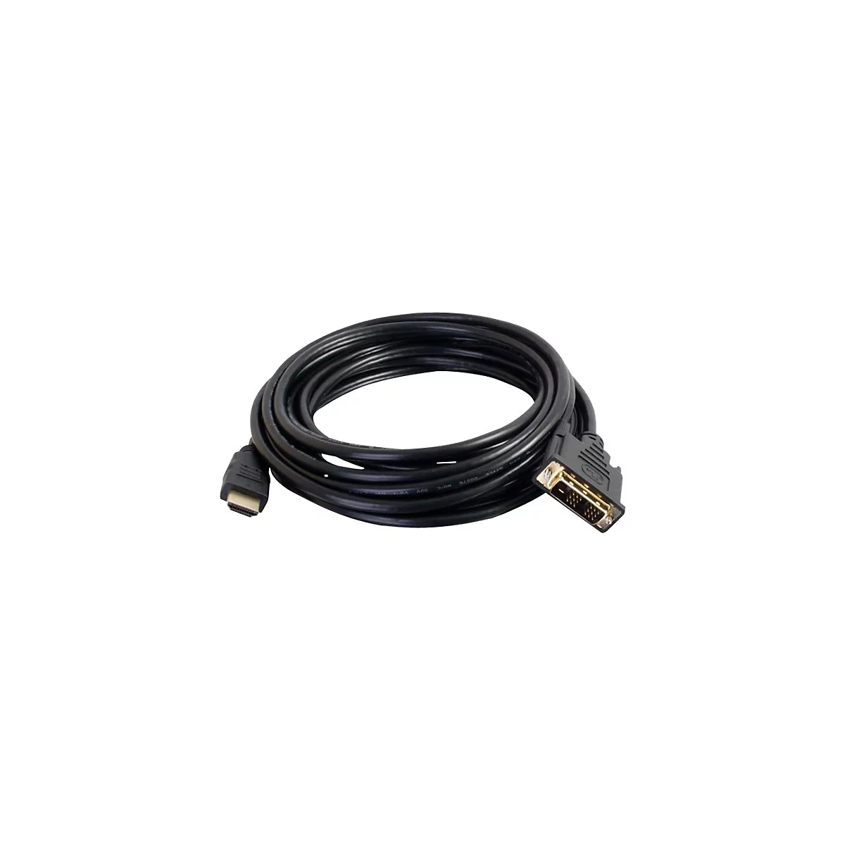 Ein schwarzes Kabel, aufgerollt. An einem Ende ein HDMI-Stecker, am anderen Ende ein DVI-Stecker.