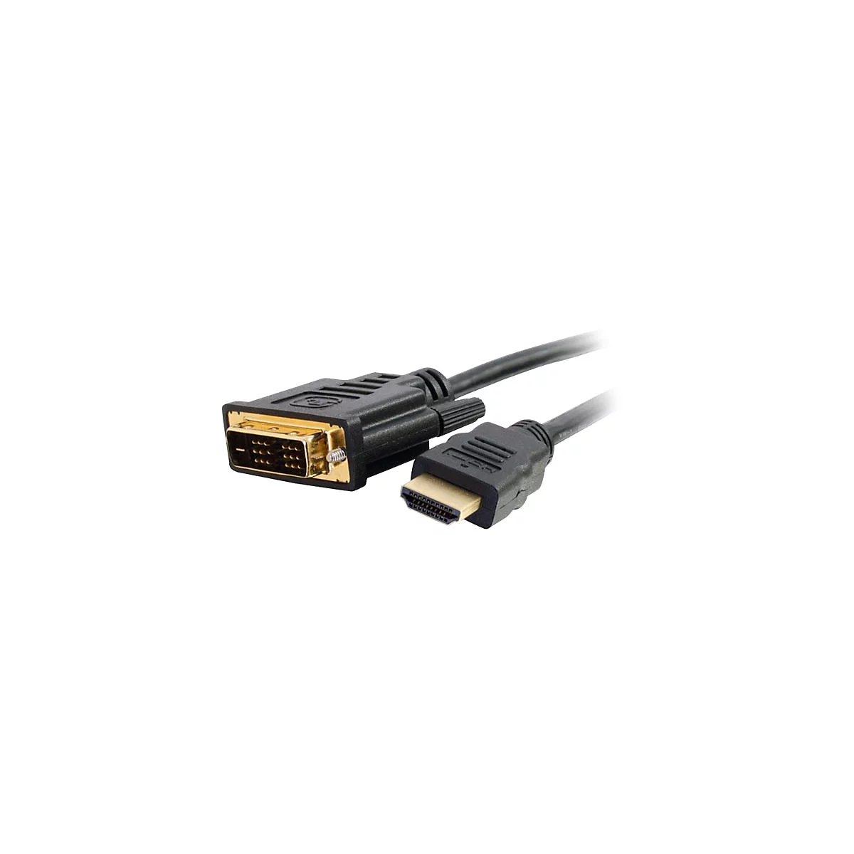 Ein schwarzes HDMI-Kabel mit DVI- und HDMI-Anschlüssen. Der DVI-Anschluss hat goldfarbene Kontakte, der HDMI-Anschluss ebenfalls.