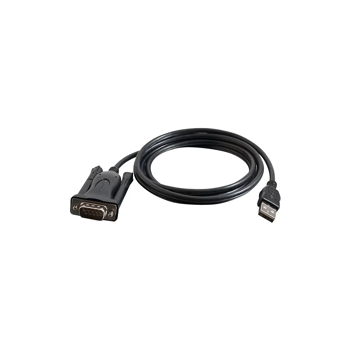 Schwarzes Kabel mit USB- und DB9-Anschluss, auf weißem Hintergrund.