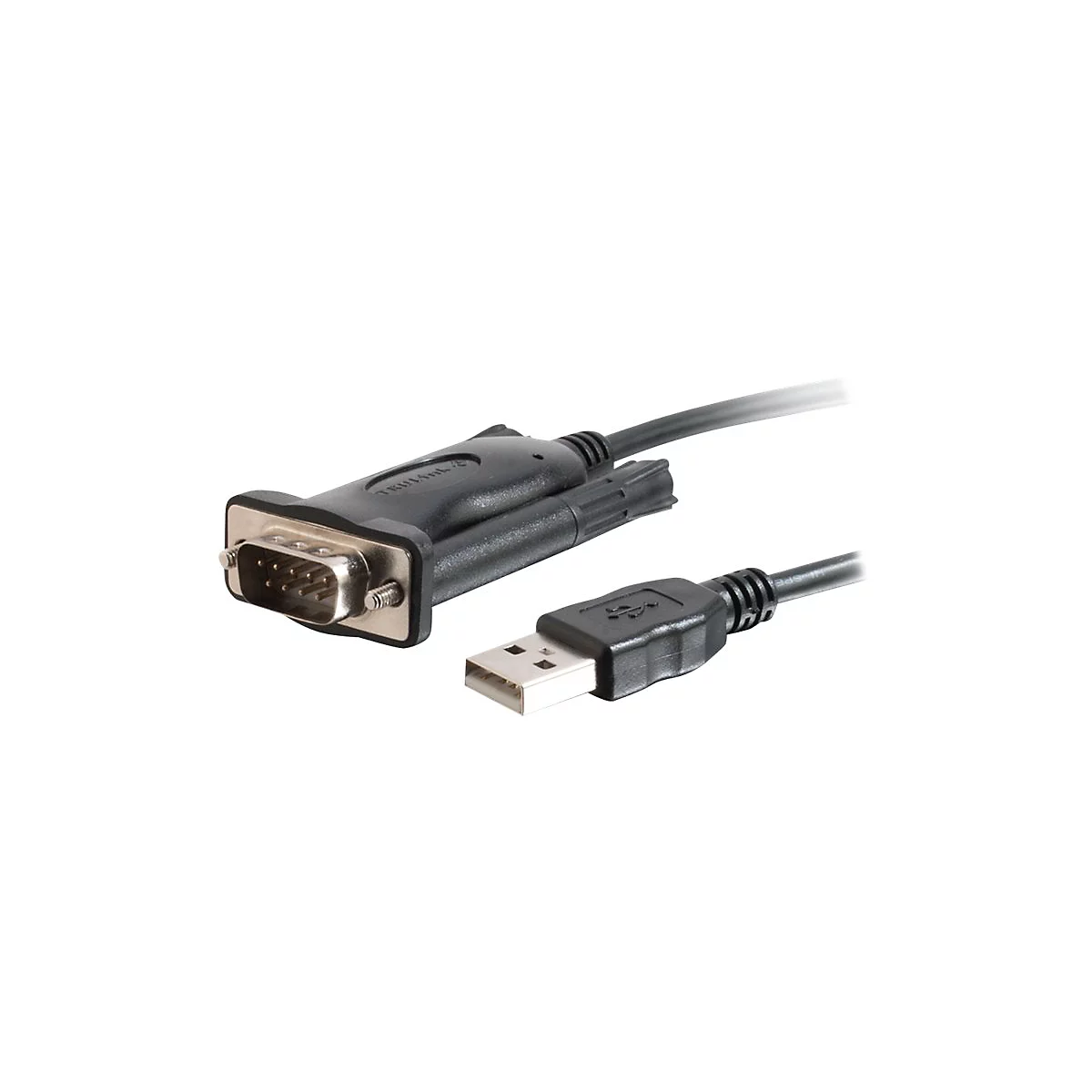 Schwarzes USB-zu-Seriell-Kabel mit Steckern an beiden Enden. Ein Stecker hat einen USB-Anschluss, der andere einen DB9-Stecker.