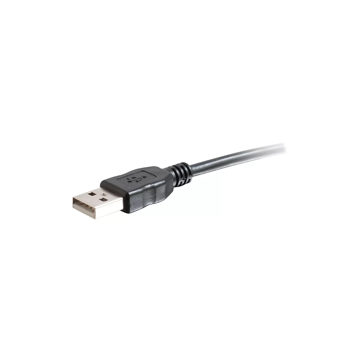 Ein schwarzes USB-Kabel mit Metallstecker und USB-Symbol. Das Kabel ist teils grau.