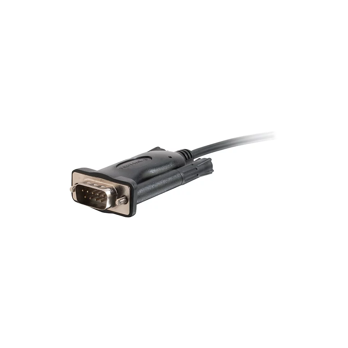 Ein schwarzer DB9-Stecker, der an einem schwarzen Kabel befestigt ist. Auf dem Stecker ist "TRULINK" zu sehen.