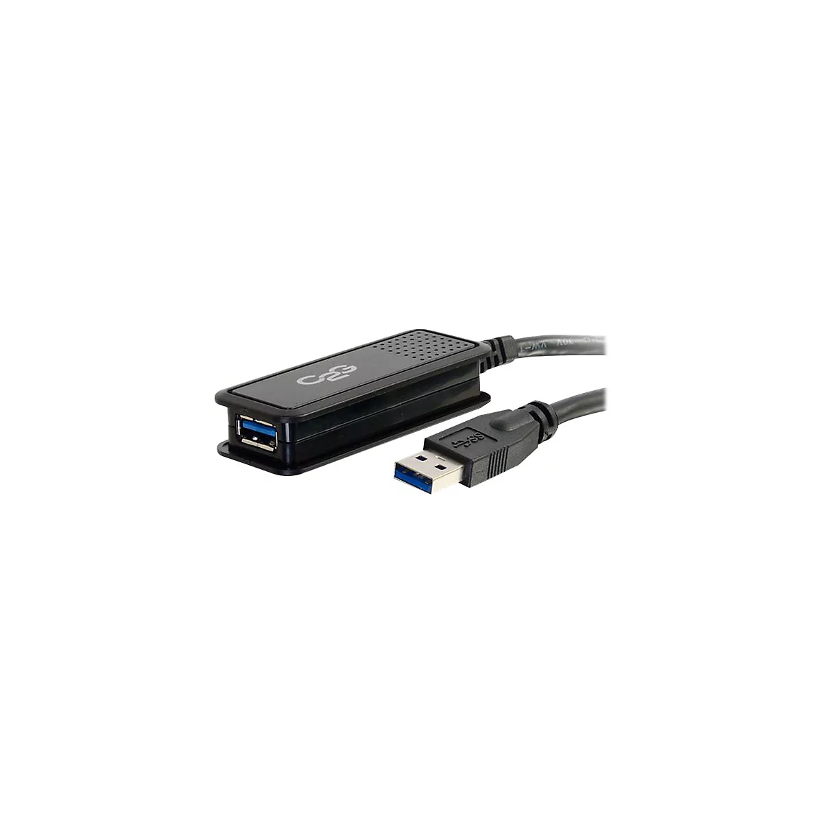Schwarzer USB-Hub mit USB-3-Anschlüssen, daneben ein USB-Kabel mit Stecker.