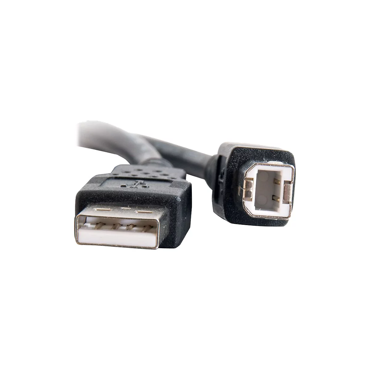 Nahaufnahme eines schwarzen USB-Kabels mit weißen Innenbereichen. Der Stecker ist im Winkel abgewinkelt.