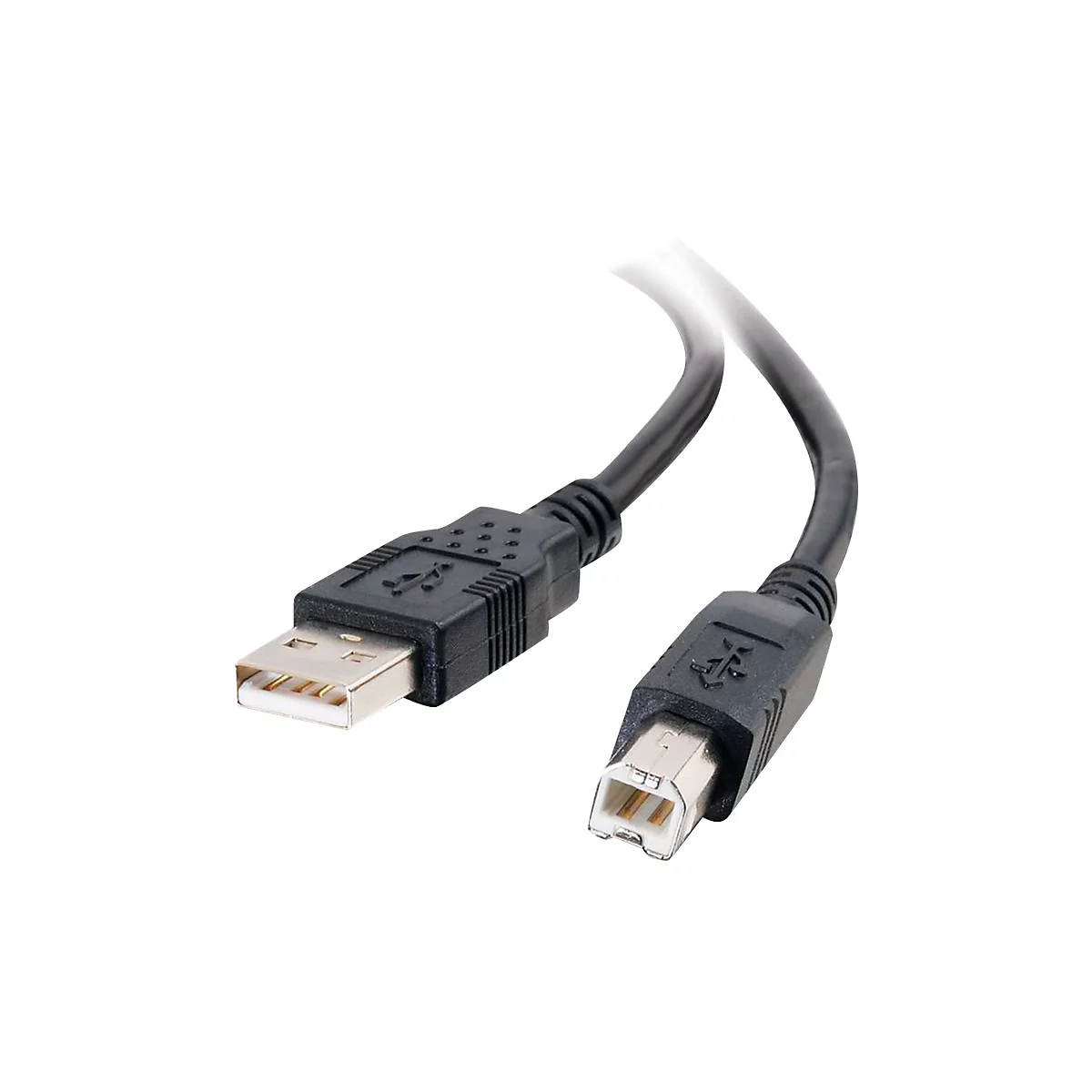 Ein schwarzes USB-Kabel auf weißem Hintergrund. Zwei Enden mit USB-A- und USB-B-Anschlüssen sind sichtbar.