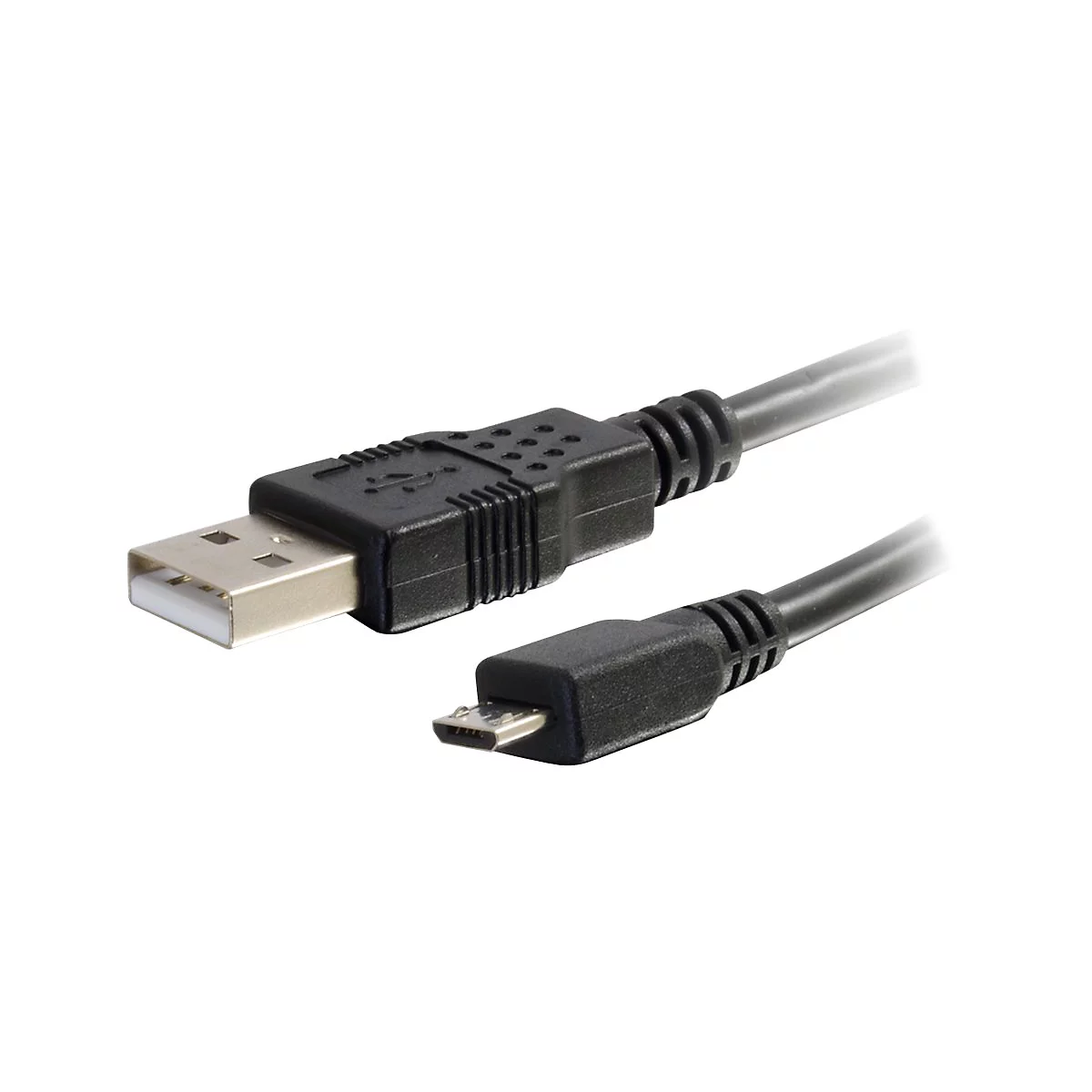Ein schwarzes USB-Kabel mit einem USB-A- und einem Micro-USB-Anschluss.