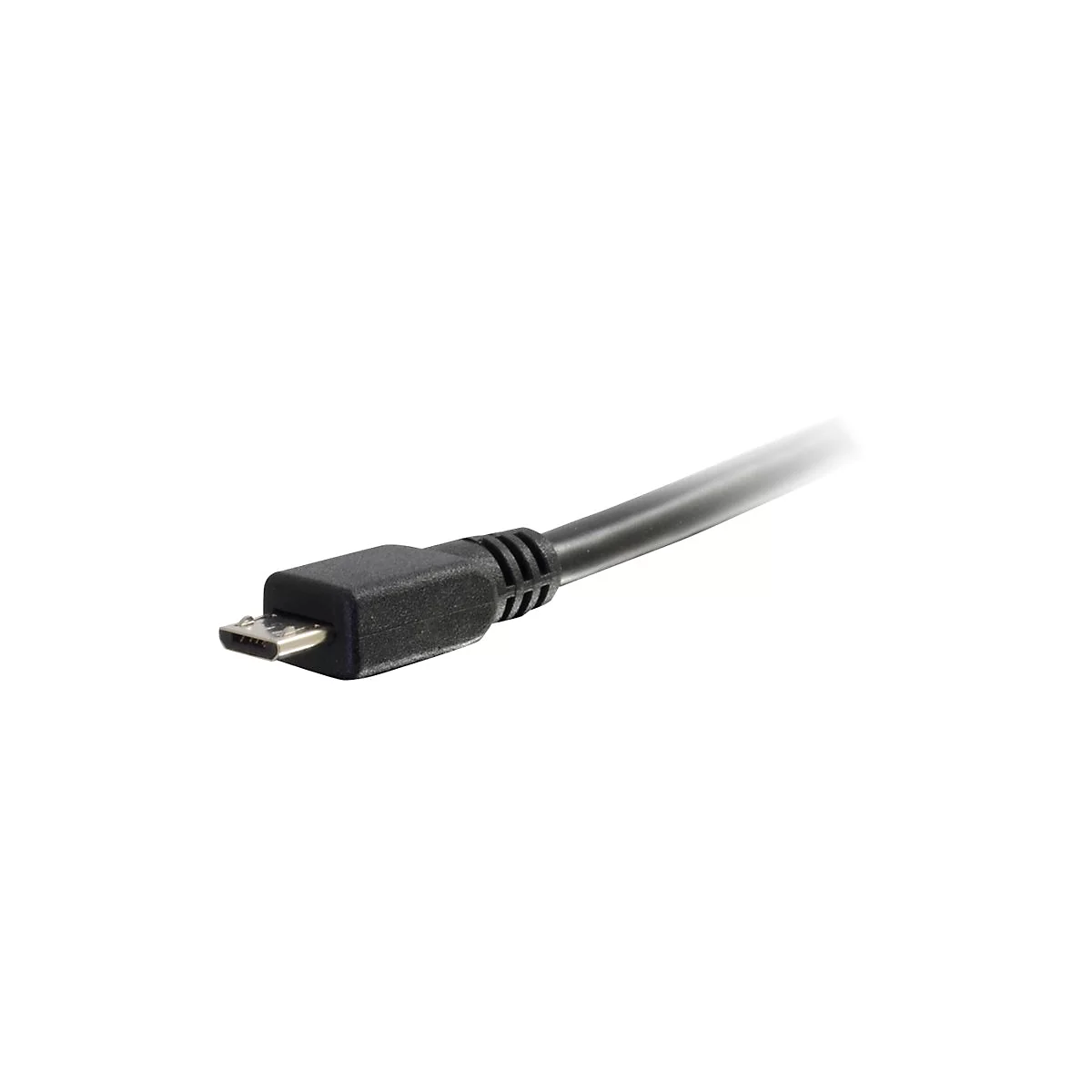 Ein schwarzes Micro-USB-Kabel, das auf weißem Hintergrund abgebildet ist.