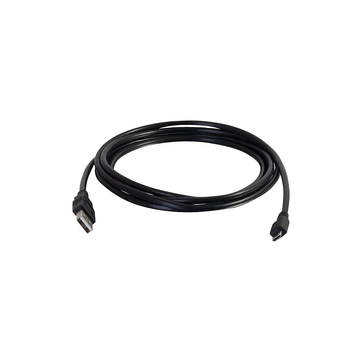 Schwarzes USB-Kabel, gekringelt auf weißem Hintergrund. An beiden Enden unterschiedliche Anschlüsse.