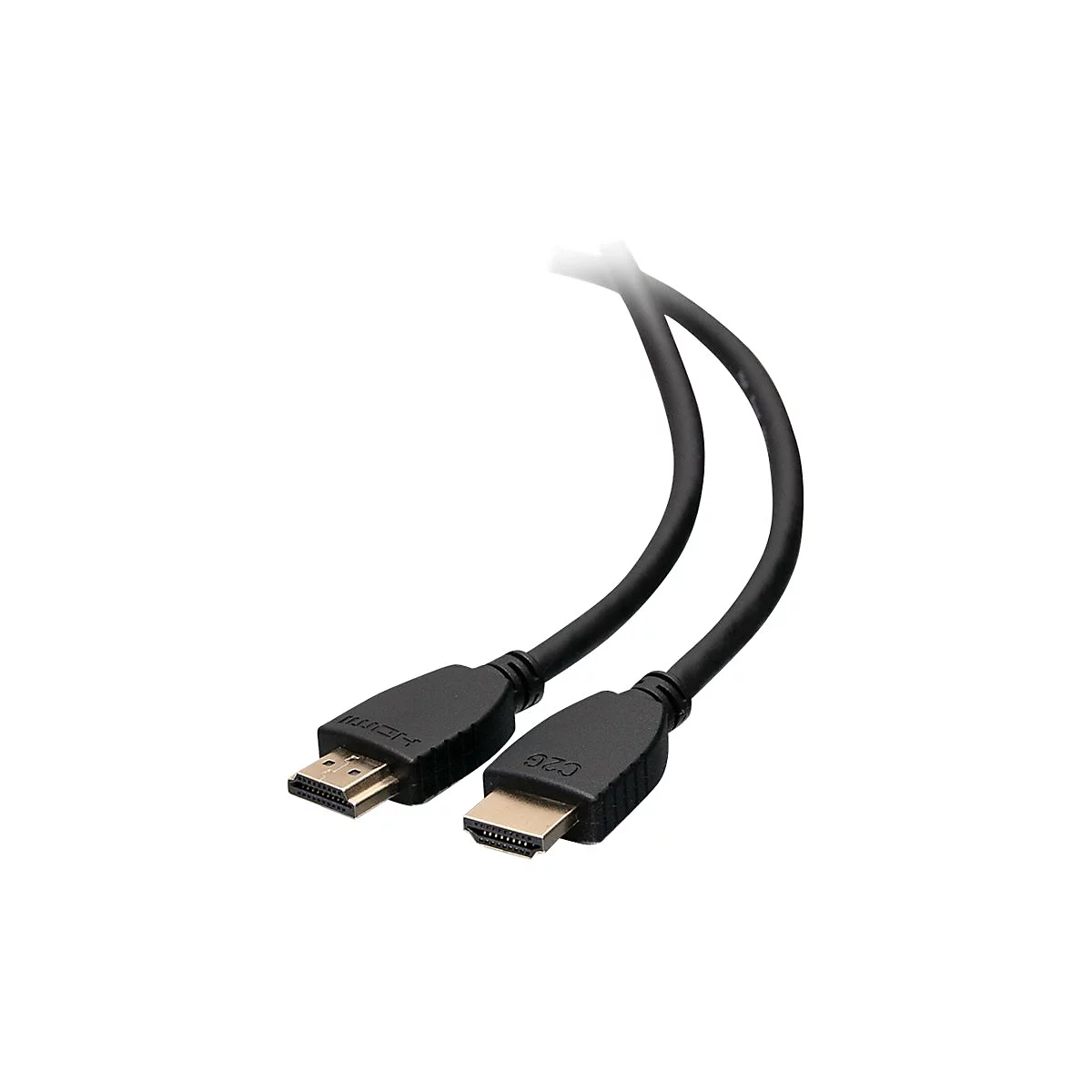 Zwei schwarze HDMI-Kabel mit Steckern; auf einem steht HDMI, auf dem anderen C2G.