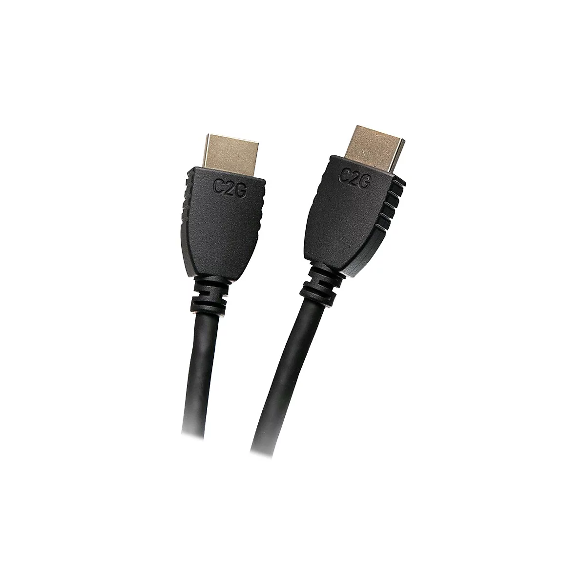Zwei schwarze HDMI-Kabel mit dem Logo "C2G" auf den Steckern, vor weißem Hintergrund.