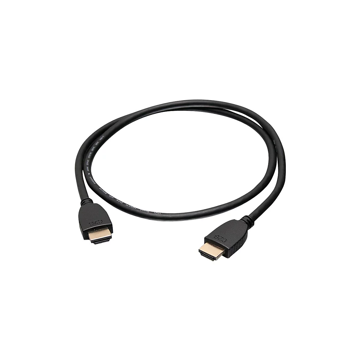 Ein schwarzes HDMI-Kabel liegt auf weißem Hintergrund. An beiden Enden sind die Stecker zu sehen.