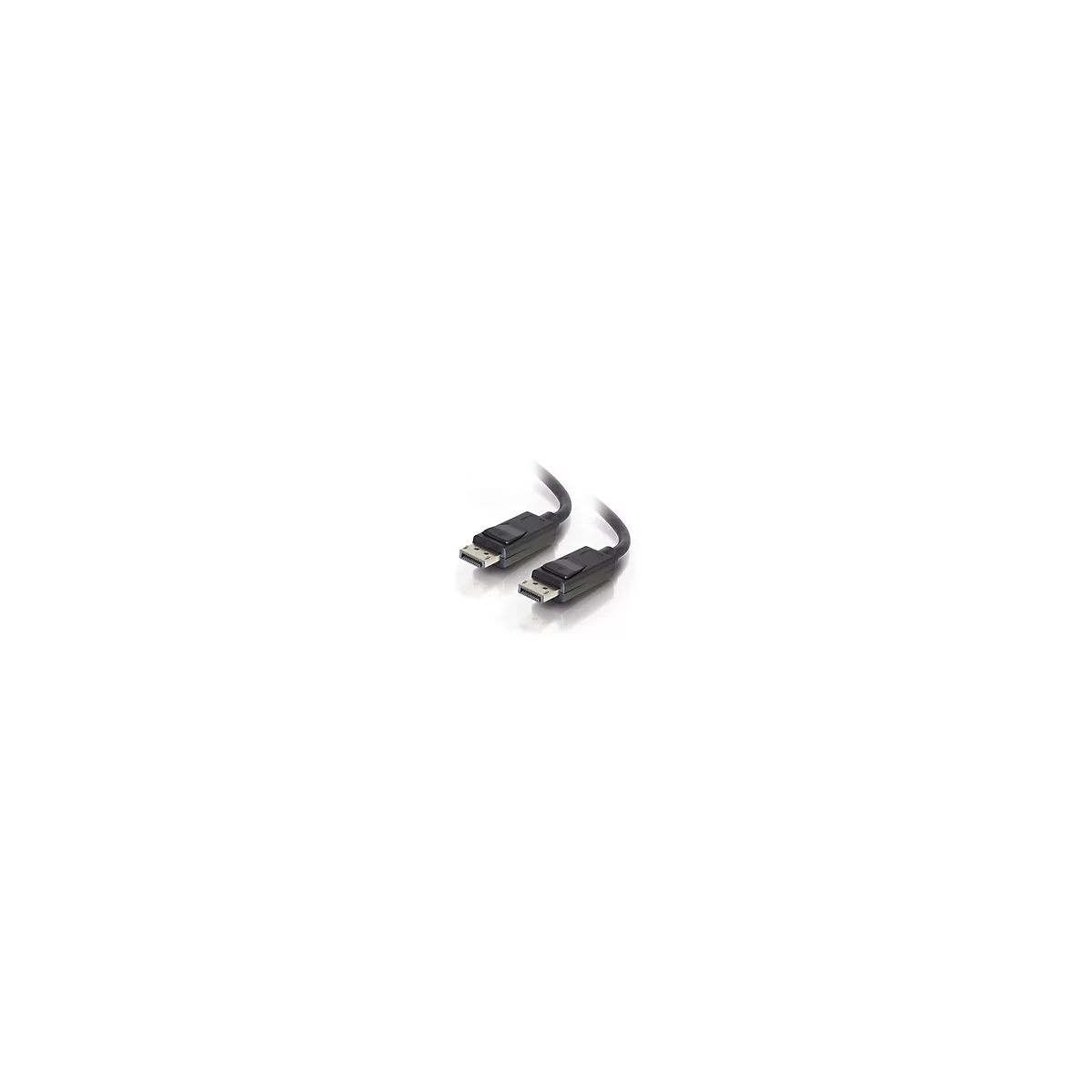 Ein schwarzes DisplayPort-Kabel mit Steckern an beiden Enden. Die Stecker haben ein graues Metallgehäuse und einen schwarzen Kunststoffteil.
