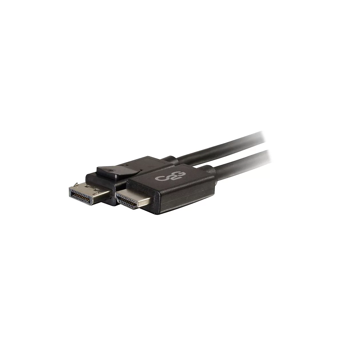 Nahaufnahme eines schwarzen DisplayPort- und HDMI-Kabels. Stecker im Fokus, Kabel gehen nach rechts aus dem Bild.