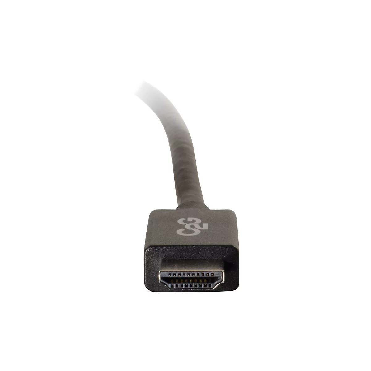 Nahaufnahme eines HDMI-Kabels mit grauem Stecker und schwarzem Kabel. Der Stecker trägt das Logo des Herstellers.