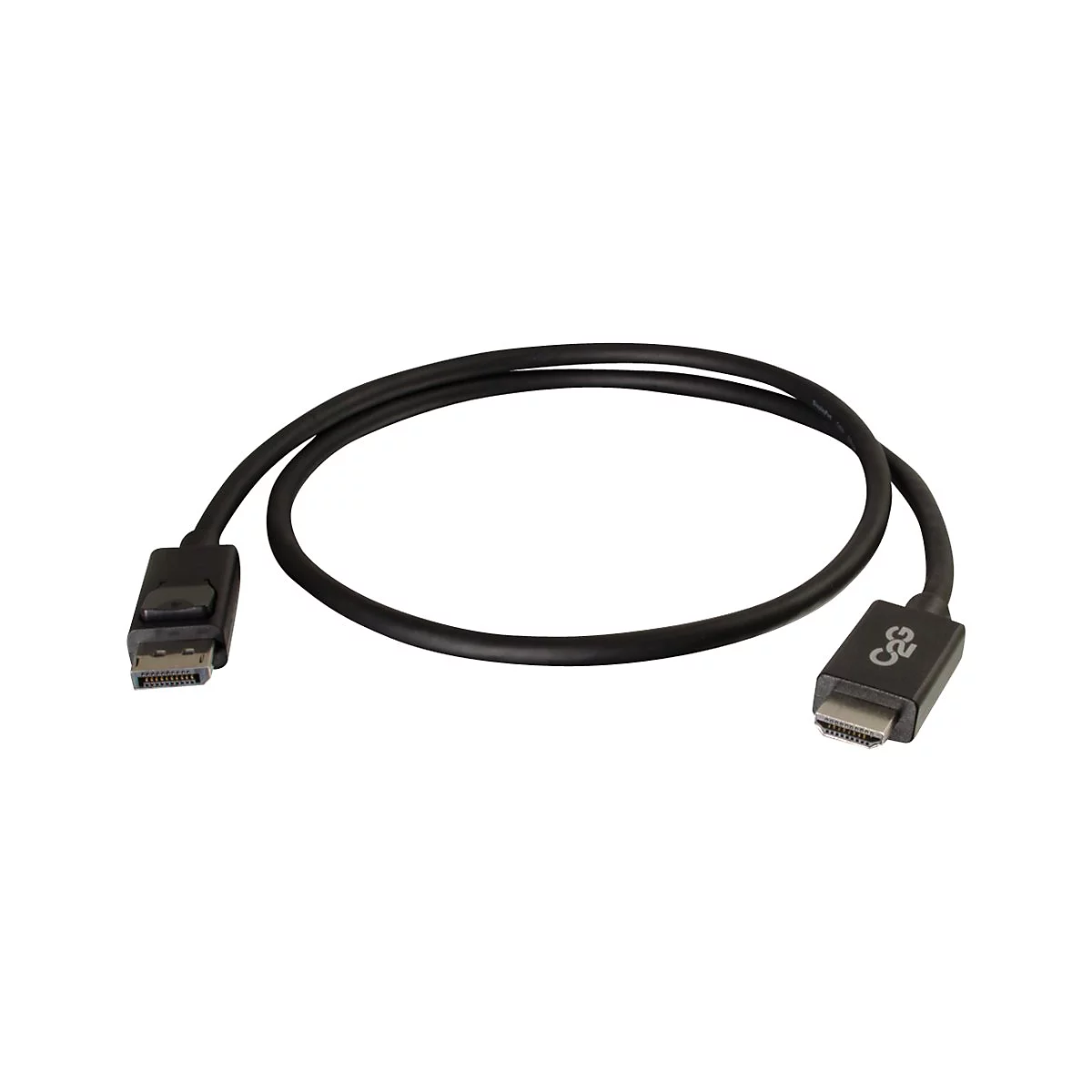 Schwarzes DisplayPort-Kabel mit Steckern an beiden Enden. Ein Ende hat einen Knopf, das andere das C2G-Logo.