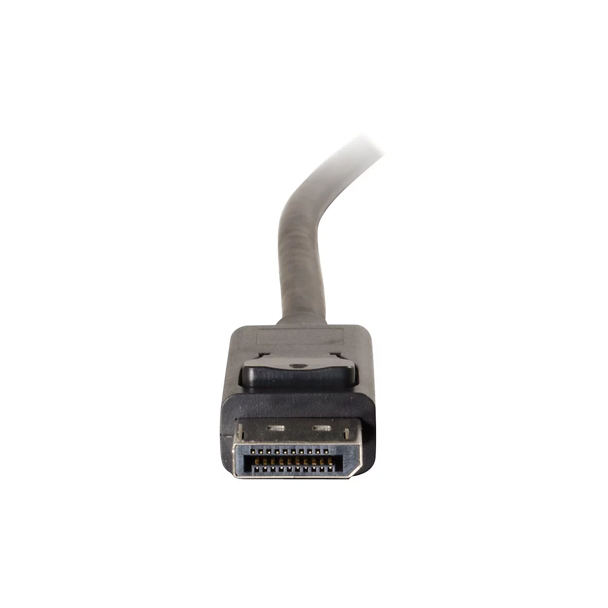 Nahaufnahme eines DisplayPort-Steckers, grauer Kunststoff und silberne Kontakte.