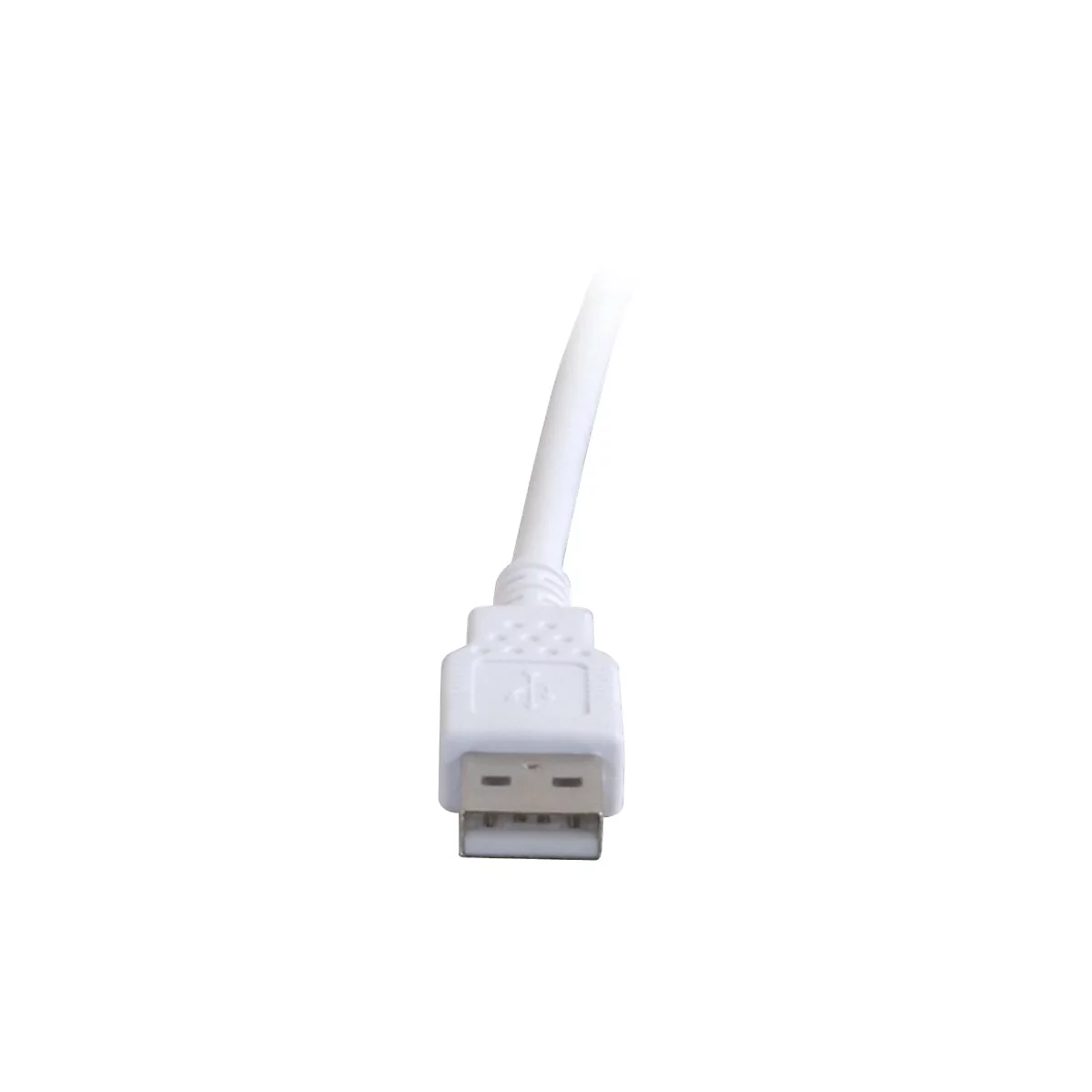 Nahaufnahme eines weißen USB-Kabels mit Stecker. Kabel und Stecker sind klar vor weißem Hintergrund dargestellt.