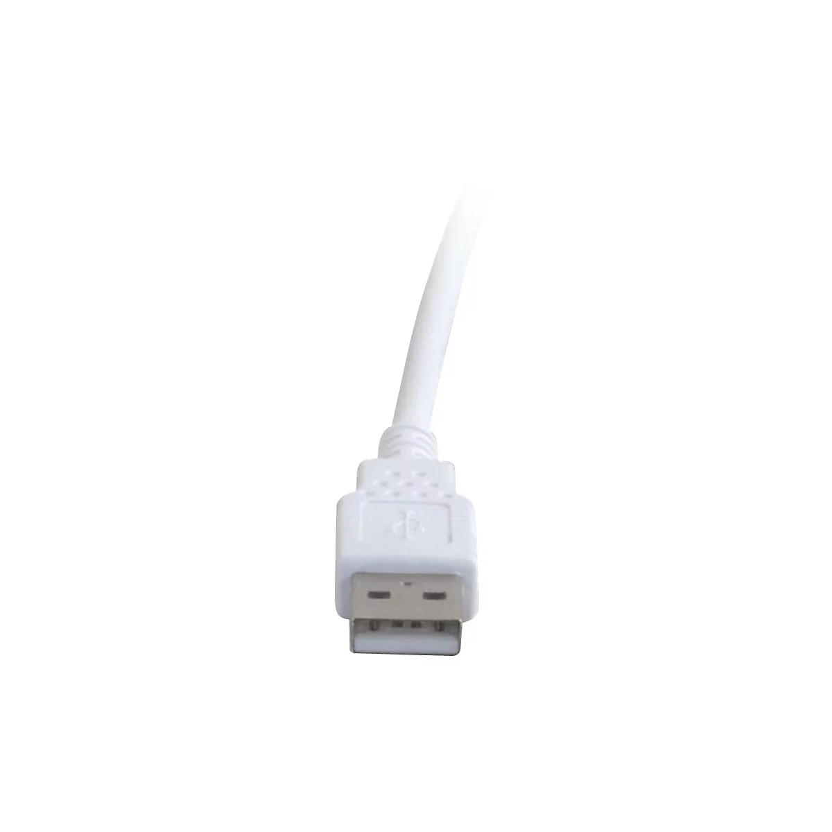 Nahaufnahme eines weißen USB-Kabels mit Stecker, isoliert auf weißem Hintergrund.