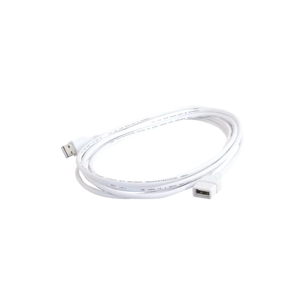 Weißes USB-Kabel, gewellt angeordnet, mit USB-A- und USB-B-Anschlüssen. Der Hintergrund ist weiß.