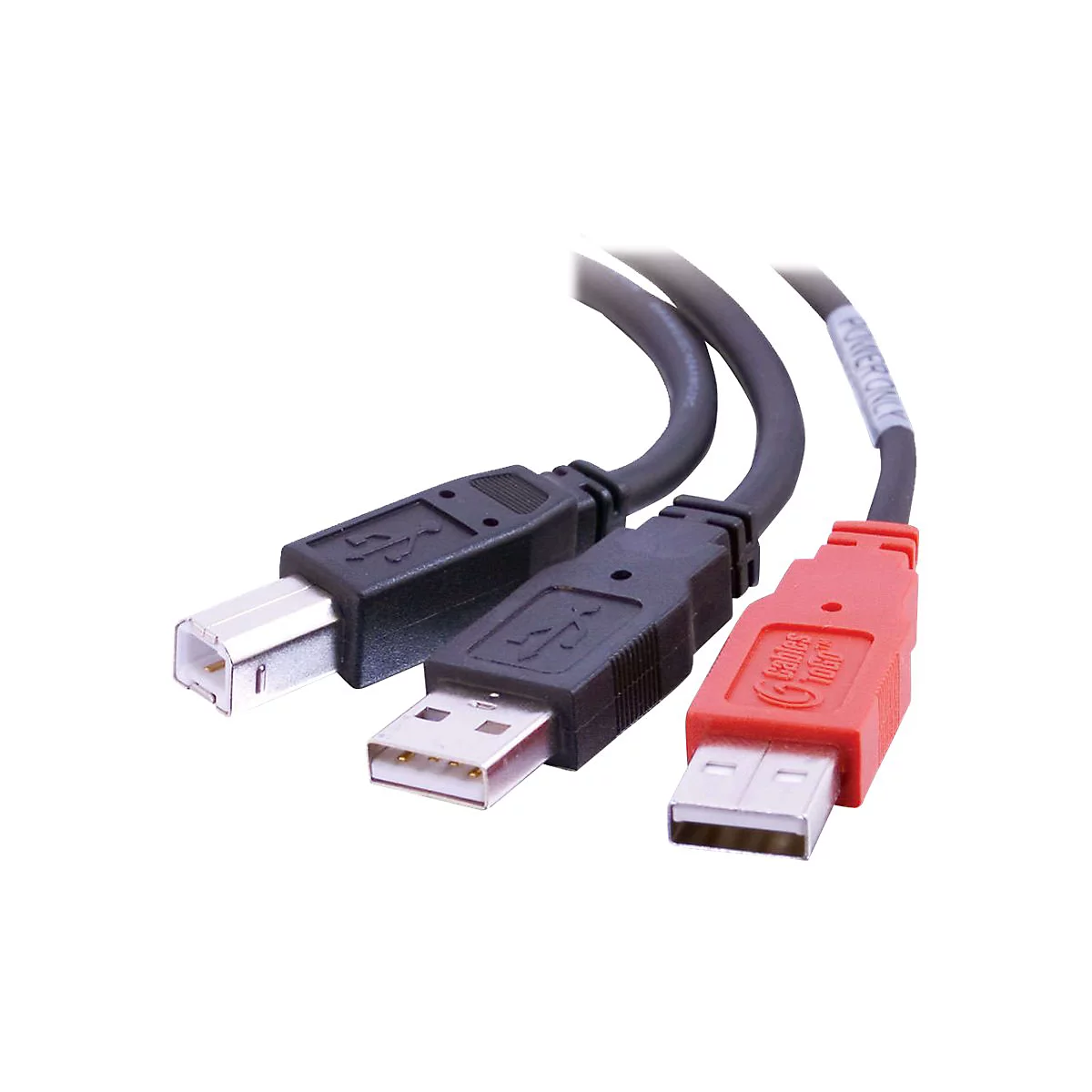 Drei USB-Kabel mit unterschiedlichen Steckern und Farben. Schwarzes und rotes Gehäuse, graue Kabel. Aufschrift: Cables To Go.