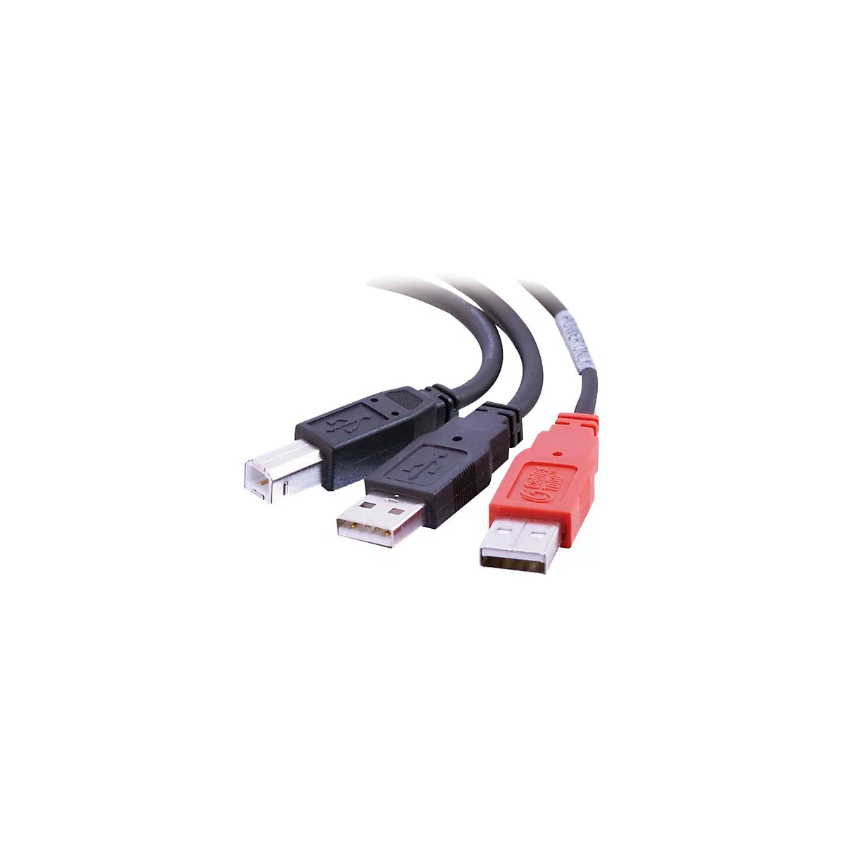 Nahaufnahme von drei USB-Kabeln: Schwarz, Schwarz, Rot. Beschriftung: Power Cable.