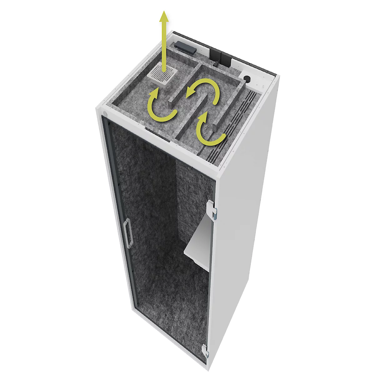 Vue isométrique d'une baie serveur blanche. Des flèches jaunes indiquent la circulation de l'air. Le dessus comporte des entrées et des sorties d'air.