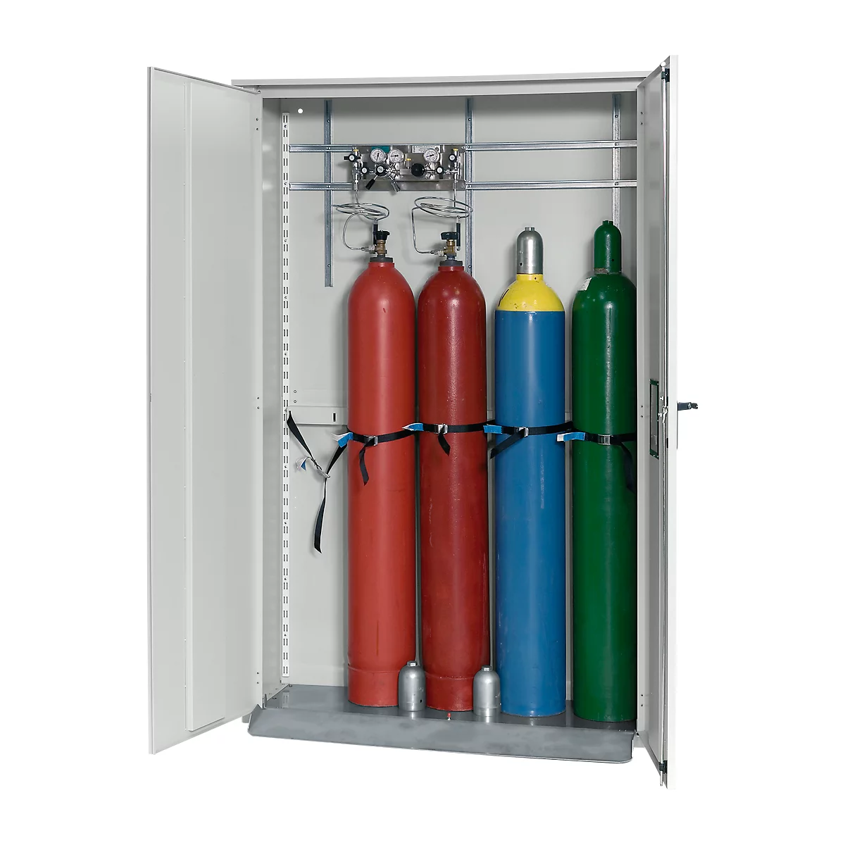 An open cabinet with colored gas cylinders. Red, blue, yellow and green, attached to the wall.