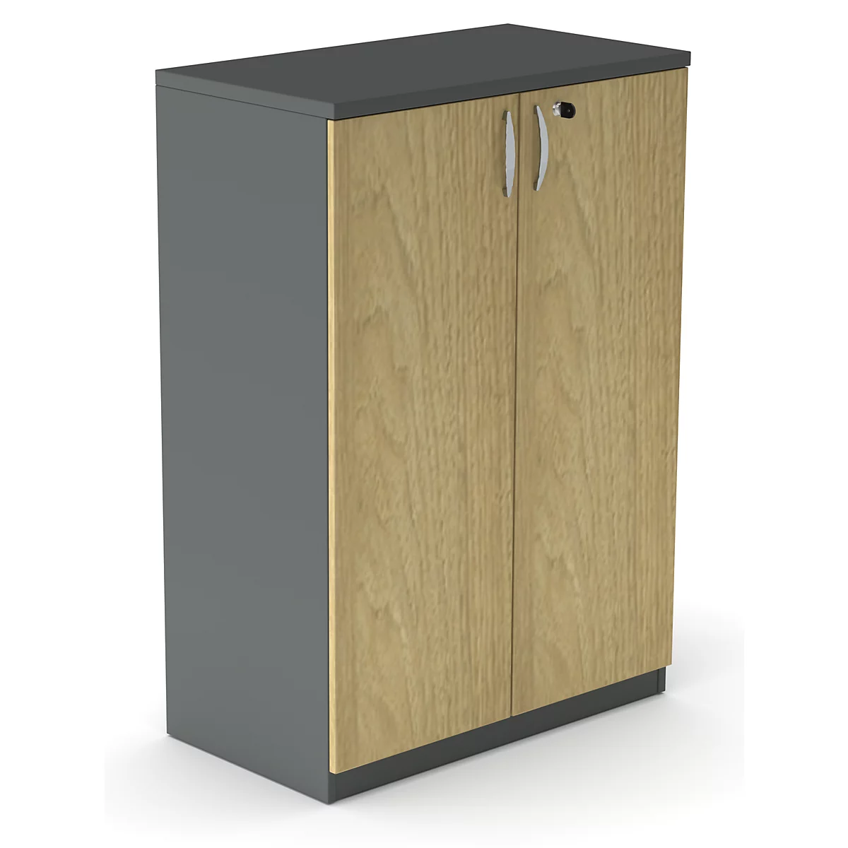 Cabinet with light wood doors, gray body and gray top.