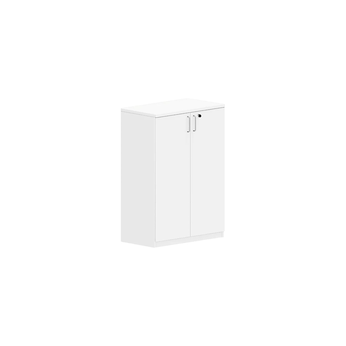 White cabinet with two doors and silver handles. A keyhole can be seen on the right door.
