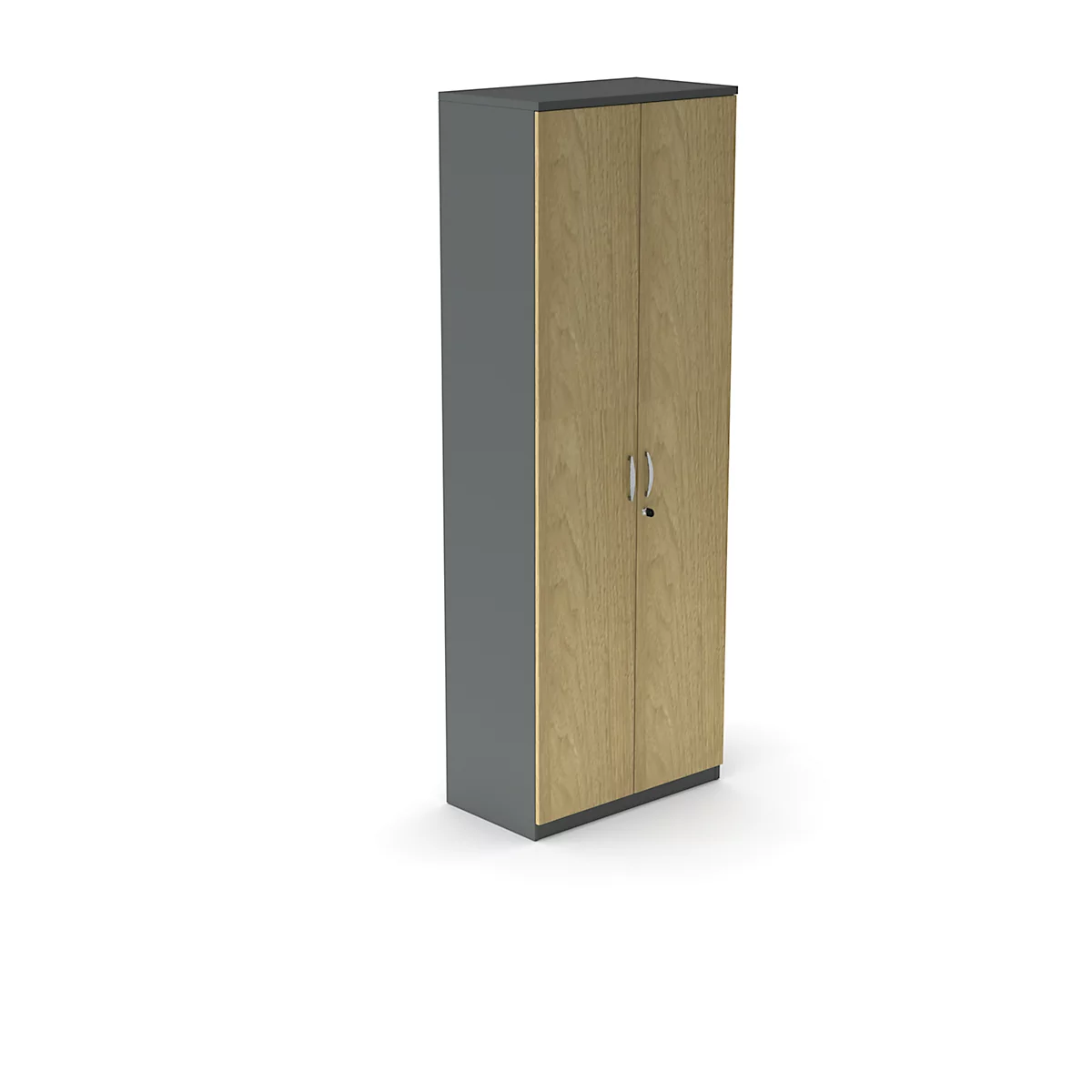 Tall cabinet with wood look. Gray sides, light wood front with door handles and keyhole.