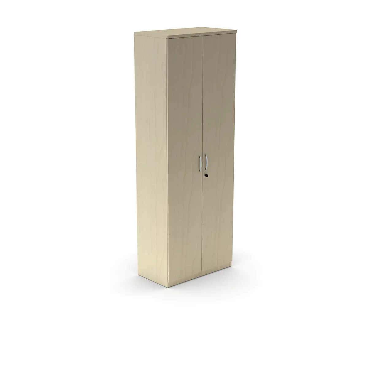 Beige cabinet with two doors and handles on a white background.