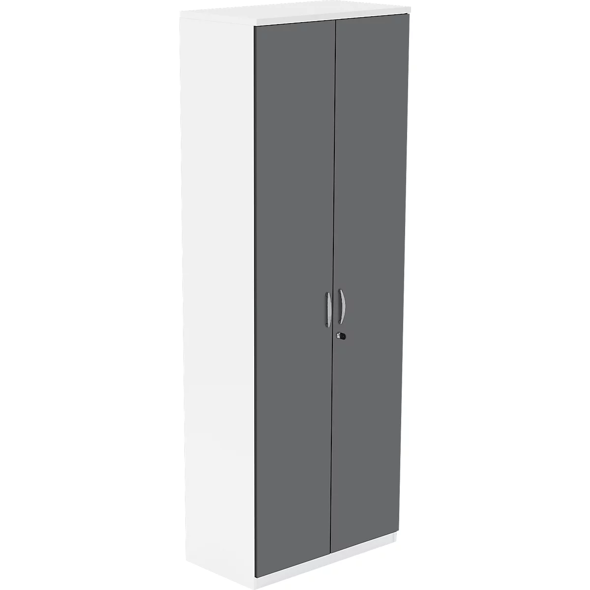 A white cabinet with gray doors stands against a white background. Handles and lock are visible.