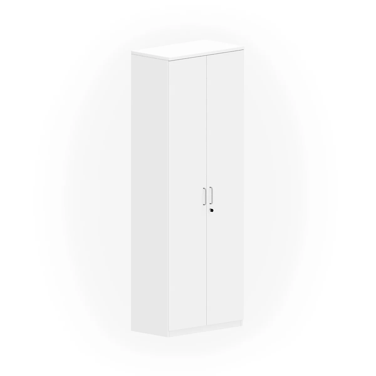 White cabinet with two doors and handles, on a white background.
