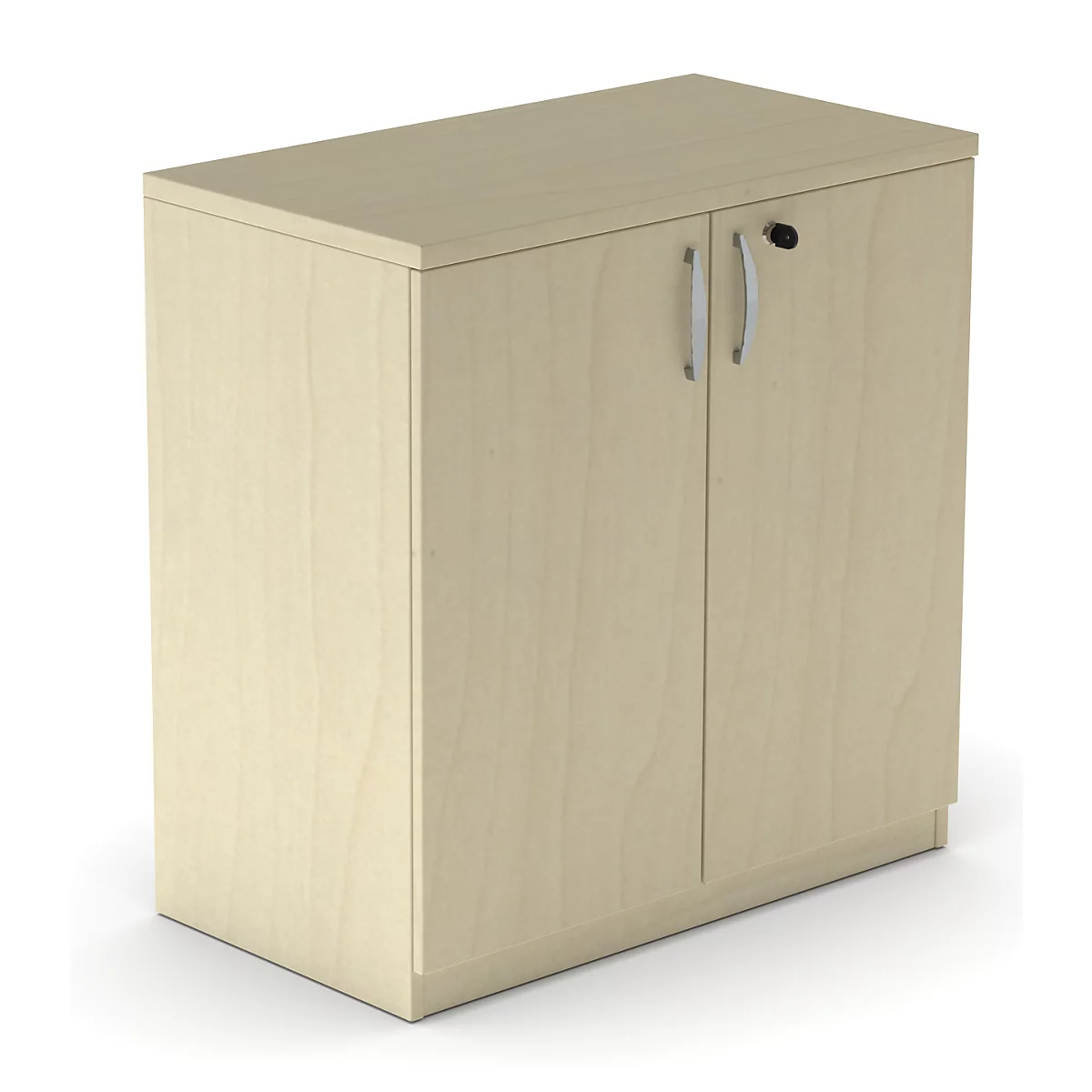 Light brown cabinet with two doors, silver handles and a lock.