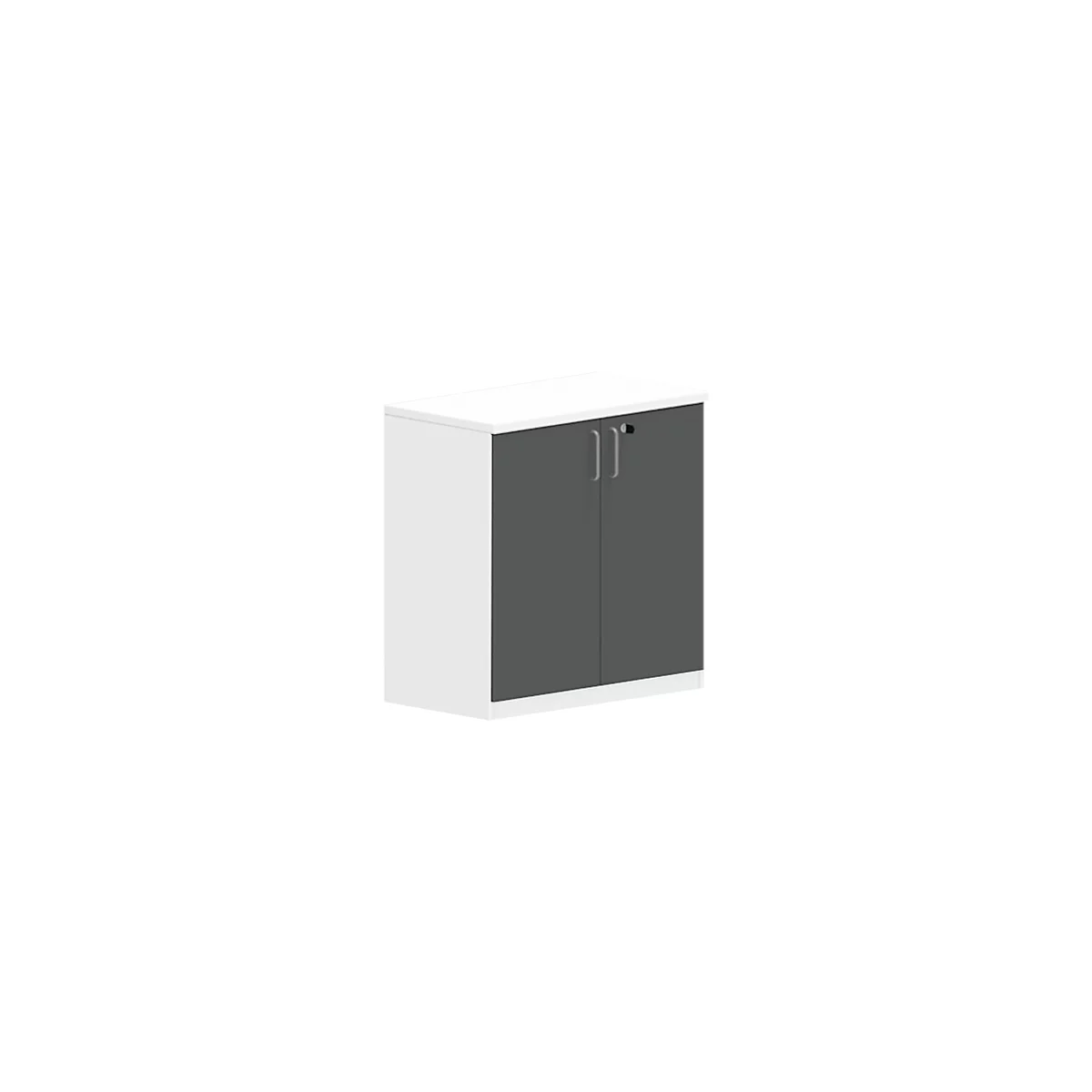 White office cabinet with two grey doors, silver handles, and a lock.