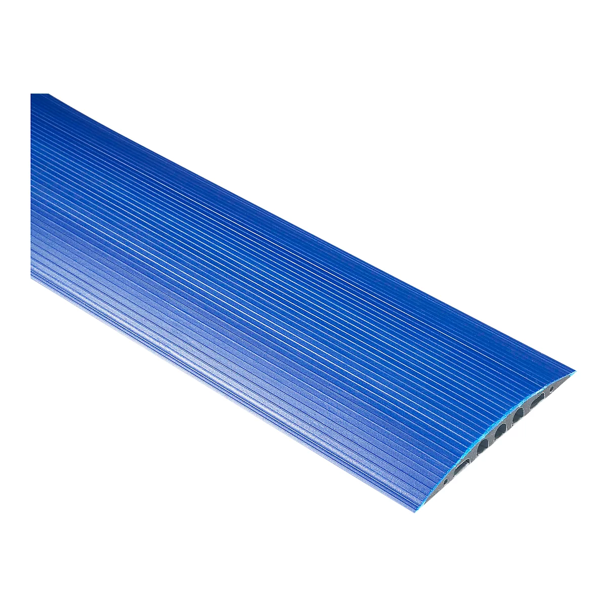 Blue, ribbed material, beveled with a series of holes on the edge.