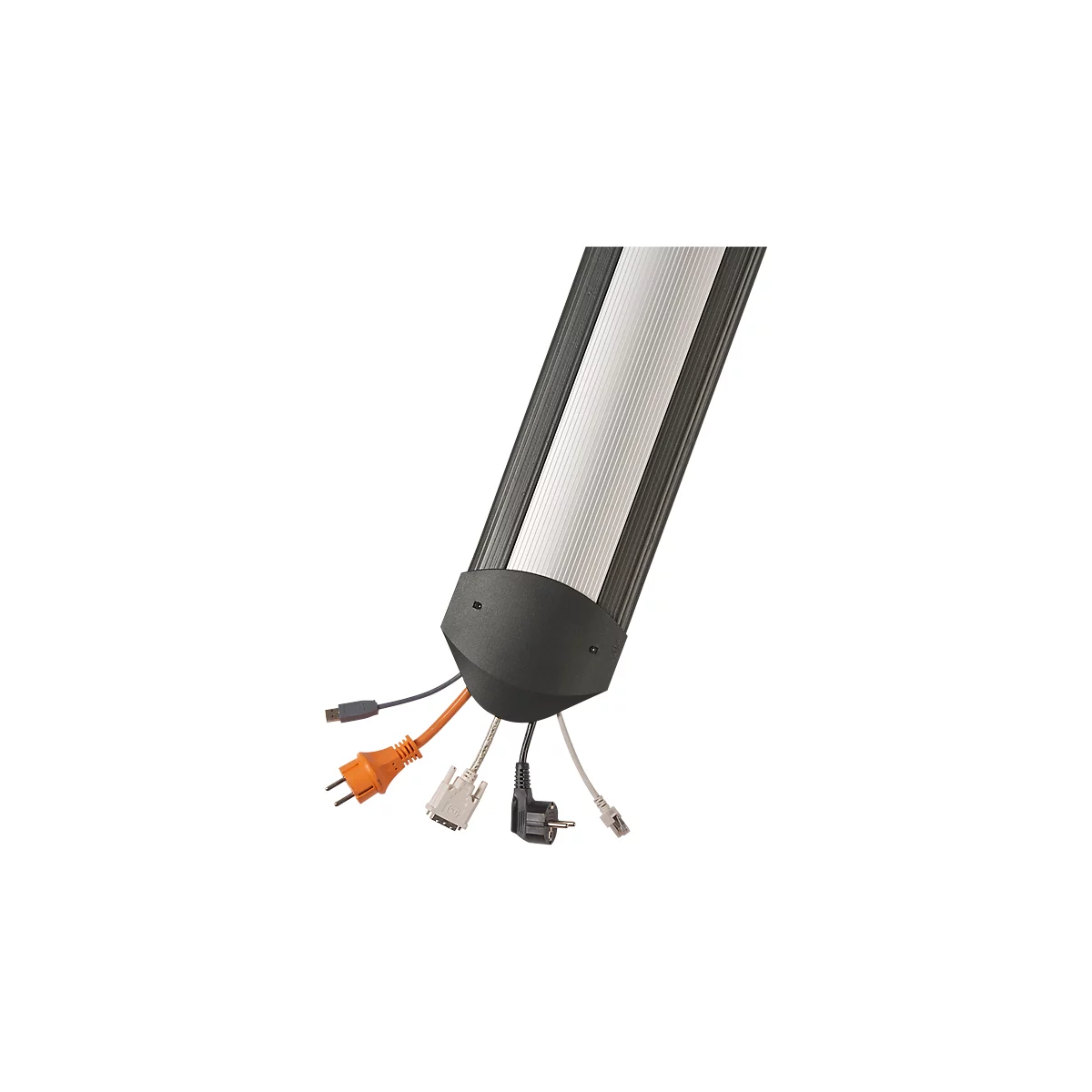 An elongated black housing with various cables, such as power cables, USB, and Ethernet cables.