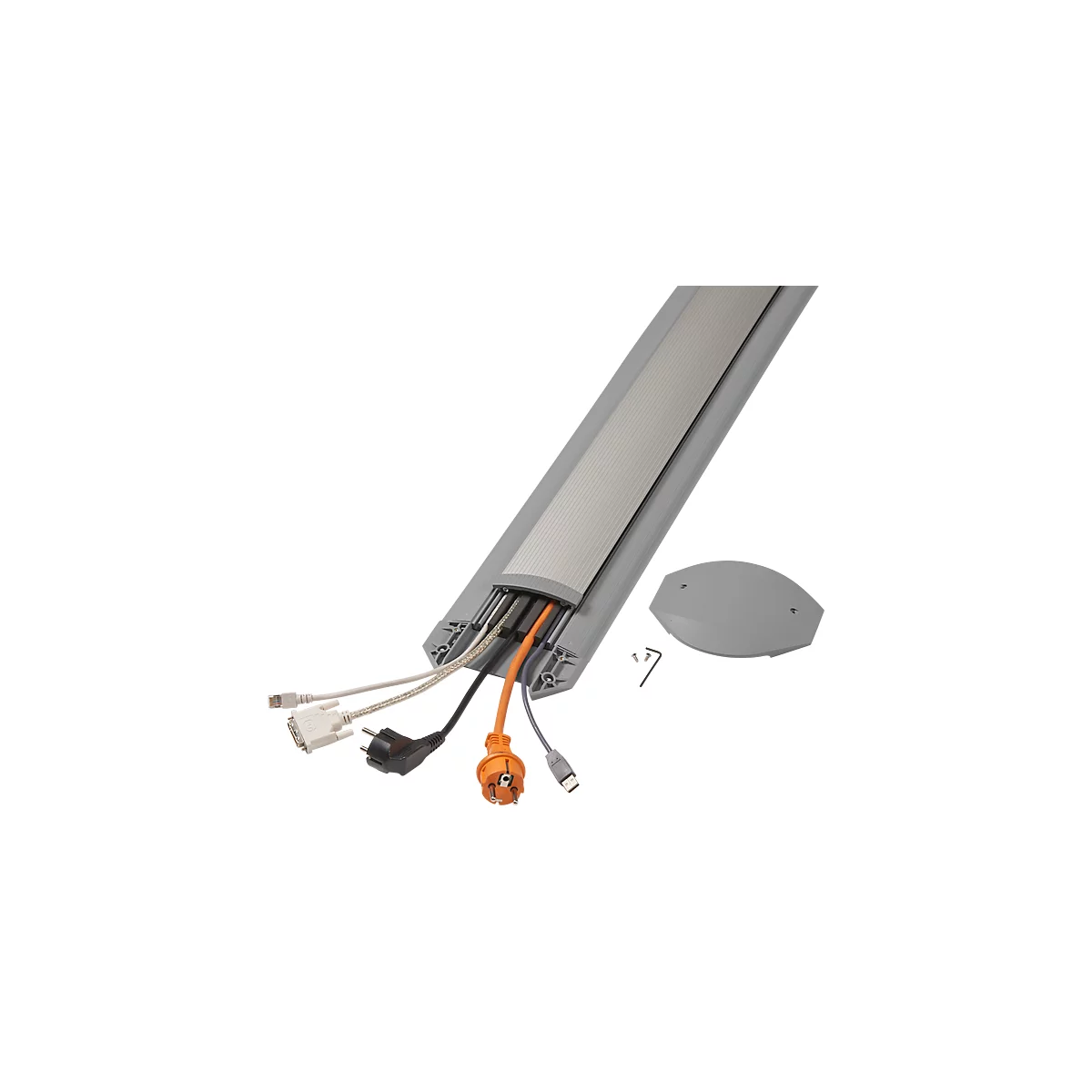 Grey cable duct with open lid from which various cables and plugs protrude. A cover and tool are next to it.