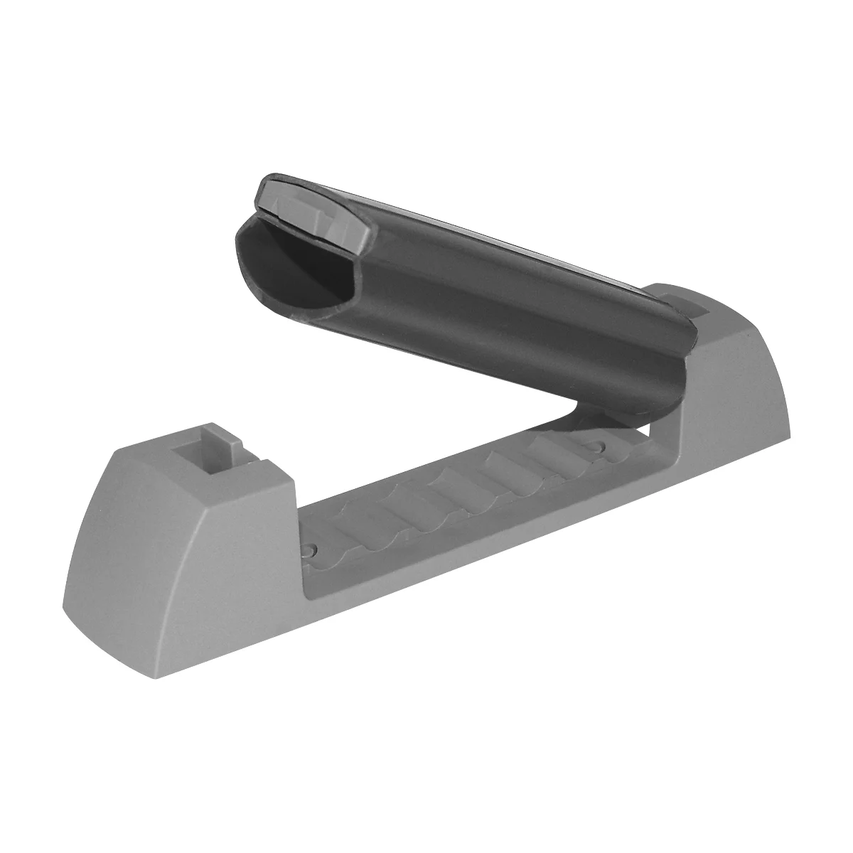 Gray angled holder with black cylindrical element, presumably a smartphone holder.