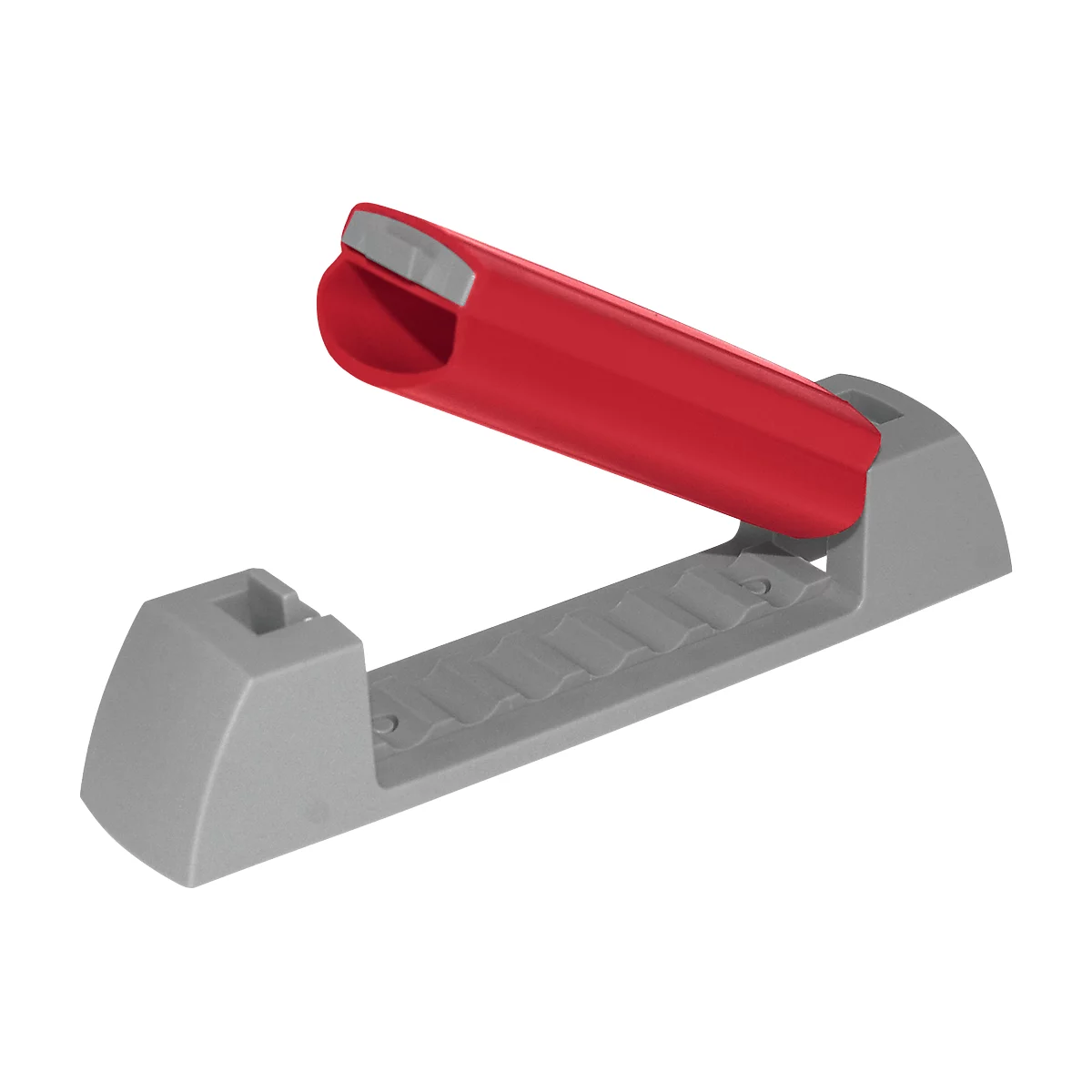 Gray holder with red tube inserted. A metallic gray insert at the tube end.
