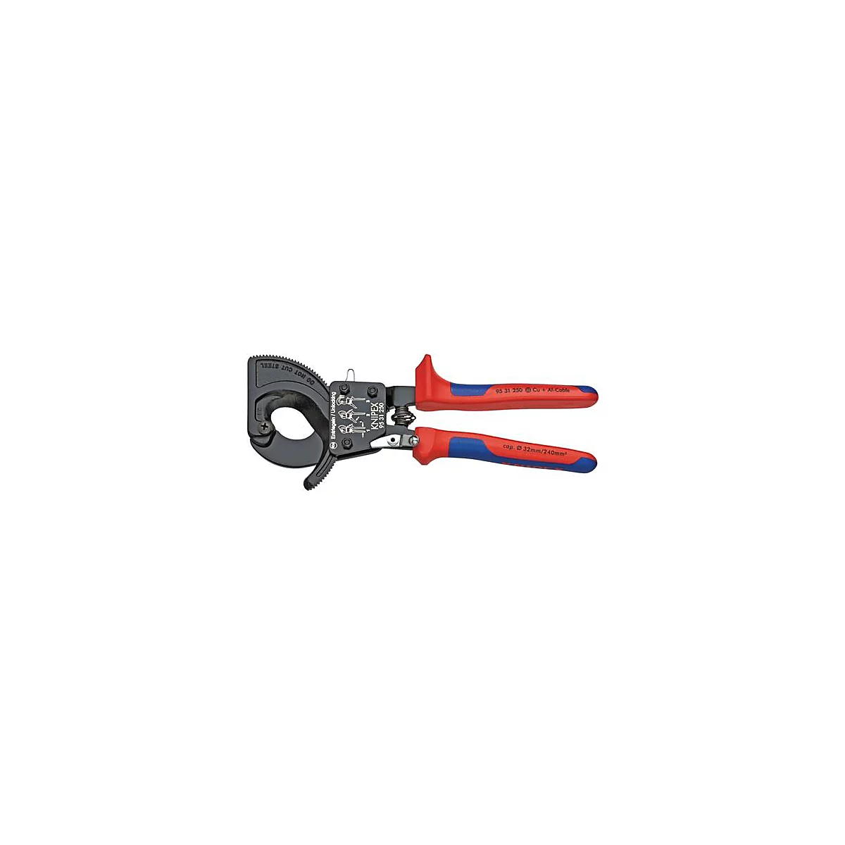 Cable cutter, red and blue with black cutting head, shows the Knipex brand.