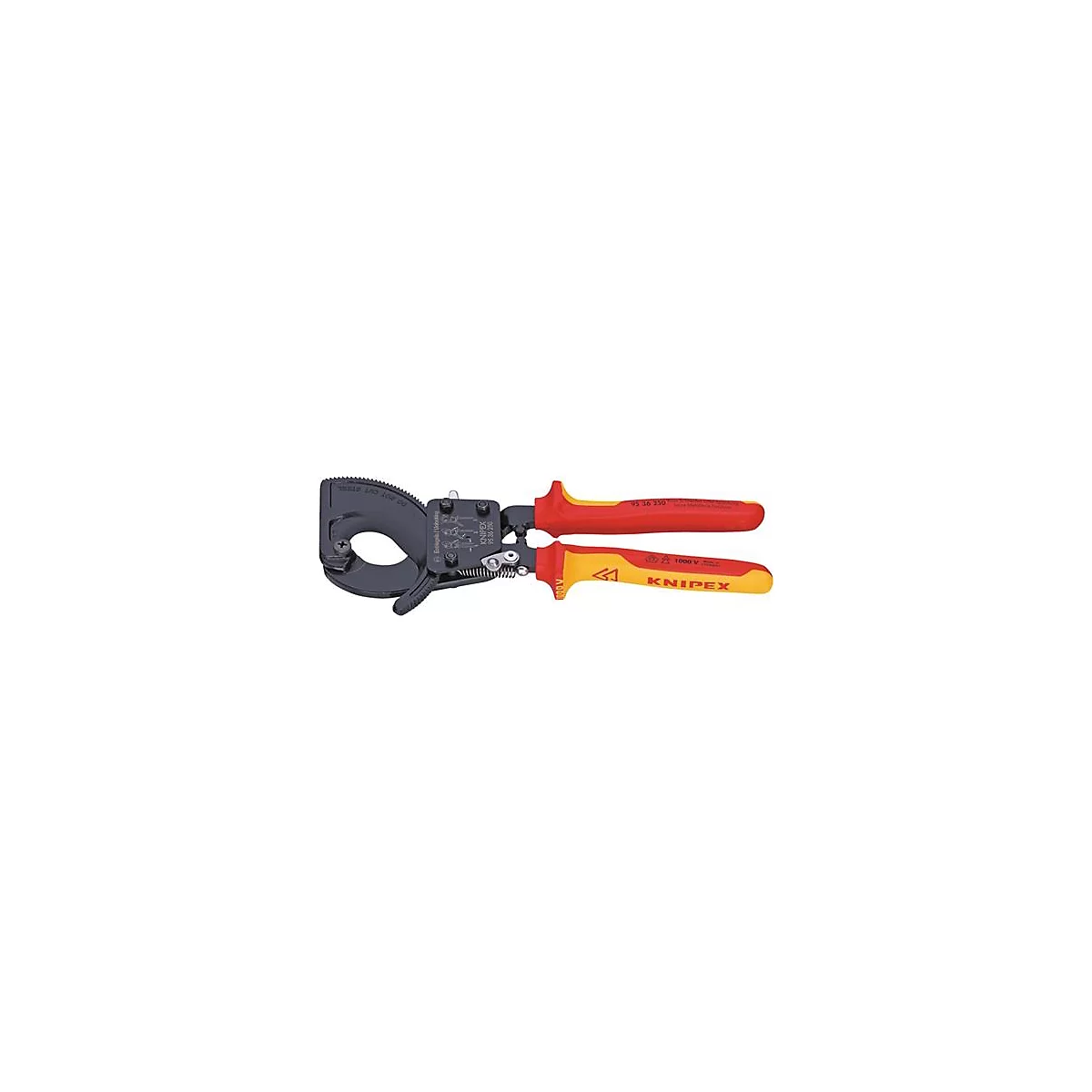 Cable cutter by Knipex. Red and yellow handles, black cutting head. Inscription: Knipex, 1000 V.