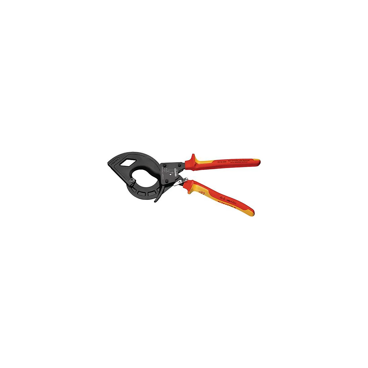 Cable crimping pliers, black-red-yellow, with open cutting edge and handles.