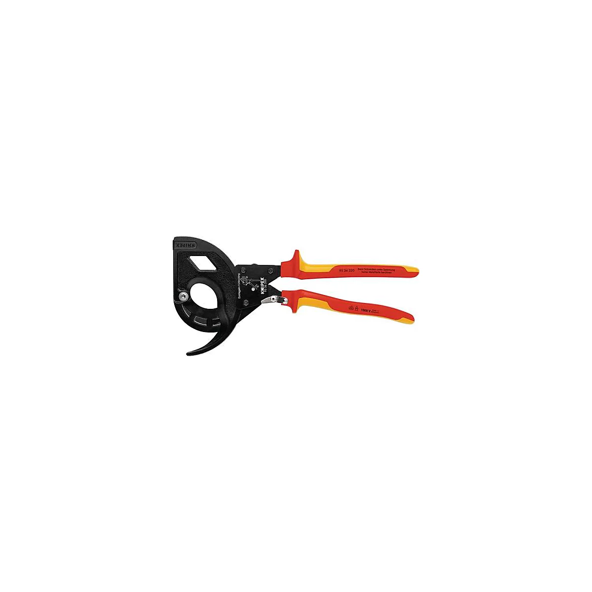 Cable cutting tool in black, red, and yellow. "1000 V" is printed on the handles.