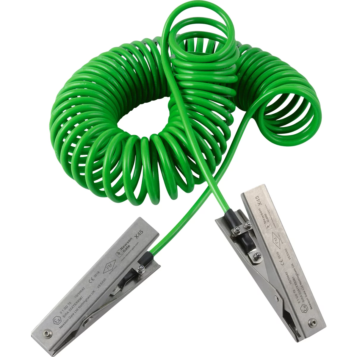 Câble de mise à la terre en spirale pour pompes vide-fûts asecos, avec 2 pinces de mise à la terre, longueur 5000 mm, antidéflagrant
