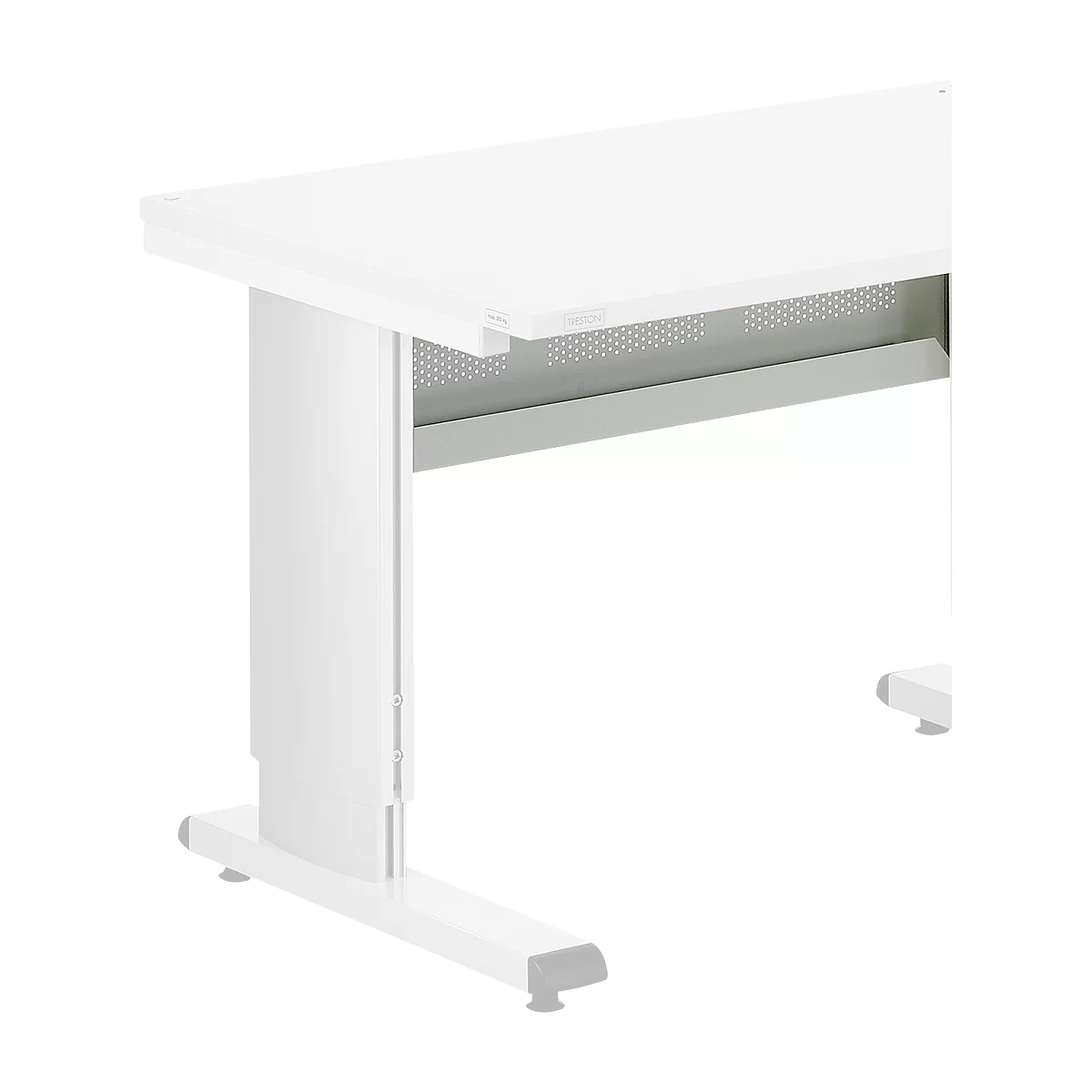 Close-up of a white desk. The legs and underside are visible.