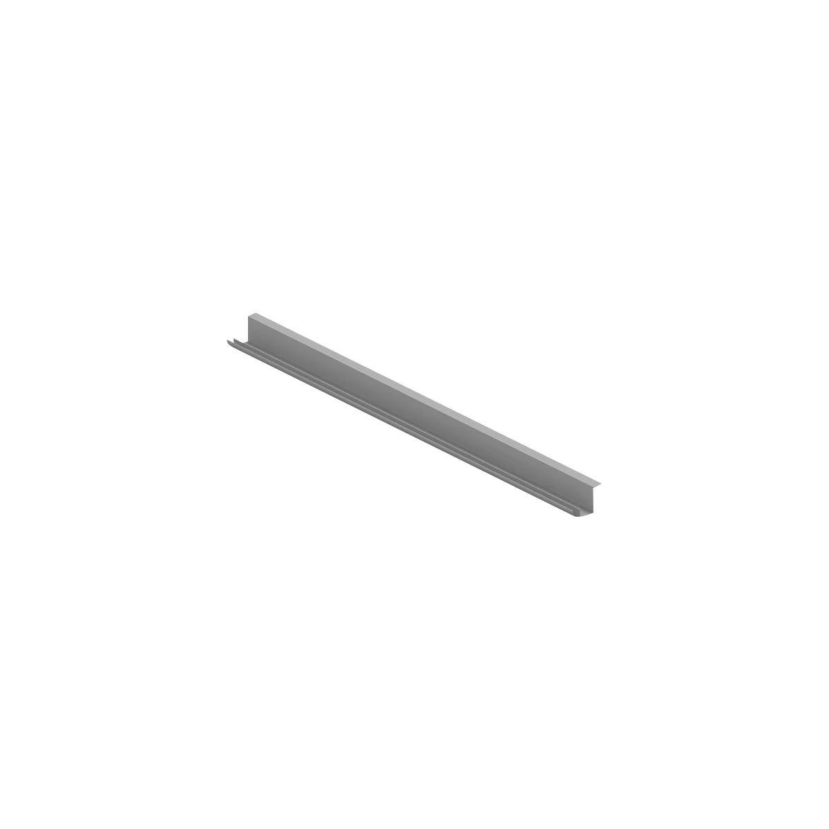 Gray metal profile in a slightly oblique view. It has an elongated shape with a U-shaped recess on one edge.
